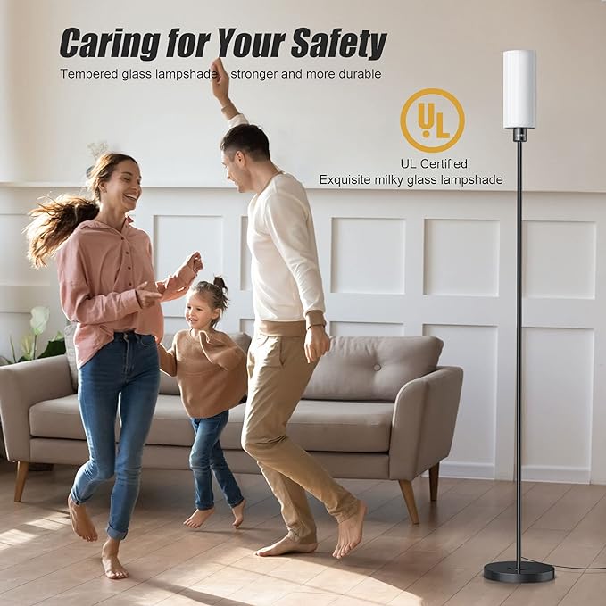 Floor Lamp for Living Room, Glass Lampshade Modern Standing Floor Lamp, 68 Inches Tall with E26 Socket for Office, Bedroom, Reading or Work - Black with White Lampshade, Bulb Not Included - LeafyLoom