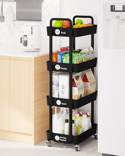 4-Tier Storage Cart,Multifunction Utility Rolling Cart Kitchen Storage Organizer,Mobile Shelving Unit Cart with Lockable Wheels for Bathroom,Laundry,Living Room,With Classified Stickers,Black - LeafyLoom
