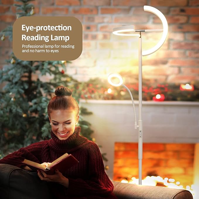 FIMEI Split Floor Lamp with Reading Light, Modern Bright LED Rotatable Standing Lamp with Stepless Dimming and 3000K-6000K Color for Living Room Bedroom Office, Touch and Remote Control, White - LeafyLoom