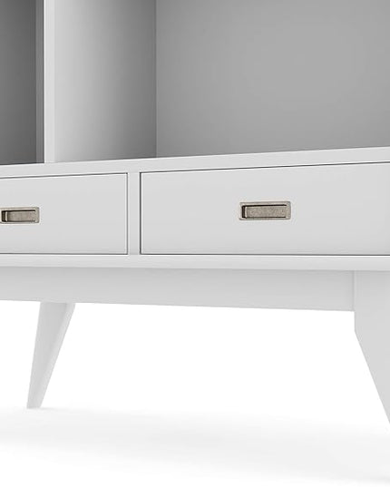 SIMPLIHOME Draper SOLID HARDWOOD 35 Inch Mid Century Modern Wide Bookcase and Storage Unit in White, For the Living Room, Study Room and Office - LeafyLoom