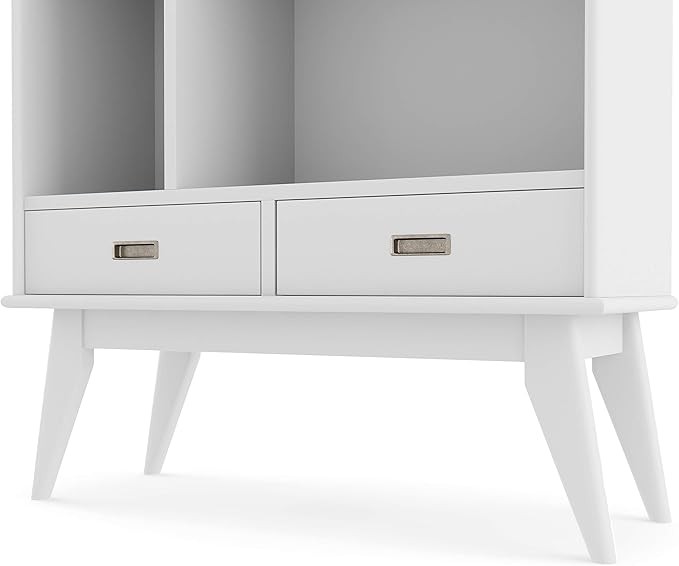 SIMPLIHOME Draper SOLID HARDWOOD 35 Inch Mid Century Modern Wide Bookcase and Storage Unit in White, For the Living Room, Study Room and Office - LeafyLoom