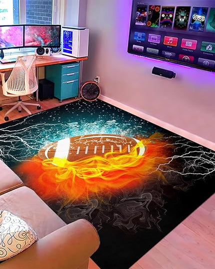 Football Rug Football Decor for Boys Bedroom Football Rug Water and Fire Cool Room Decoration Soccer Rug for Boys Room Football Printed Rug for Kids Room Playmat Rugs for Kids Room Living Room,4'×5' - LeafyLoom