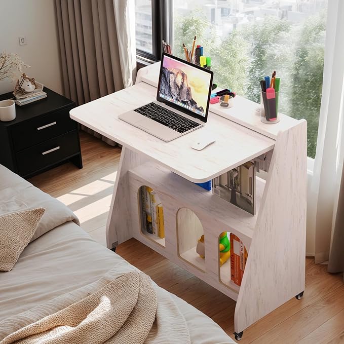 Pmnianhua Farmhouse Portable Desk on Wheels,Mobile Workstation,Rolling Computer Desk with Wheels and Storage for Home Office Small Space(white) - LeafyLoom