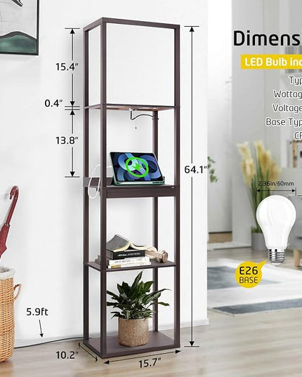 Floor Lamp with Shelves Plus, 4-Tier Wireless Charger Shelf Floor Lamp for Bedroom Living Room, USB and Type C Charging Ports 2 AC Power Outlets, 3CCT Color Selectable 15W Bulb(Walnut). - LeafyLoom