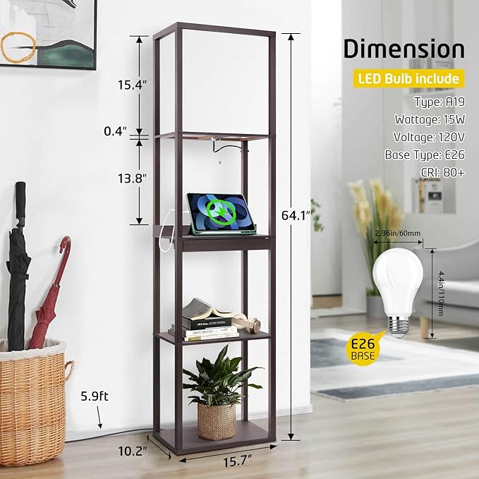 Floor Lamp with Shelves Plus, 4-Tier Wireless Charger Shelf Floor Lamp for Bedroom Living Room, USB and Type C Charging Ports 2 AC Power Outlets, 3CCT Color Selectable 15W Bulb(Walnut). - LeafyLoom