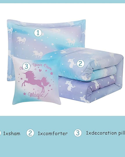 KALEIDOSPACE Kids Twin Comforter Sets for Girls, Glow in The Dark Unicorn Bedding Sets -3 Pieces Lightweight Bed in A Bag - LeafyLoom