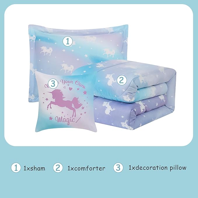 KALEIDOSPACE Kids Twin Comforter Sets for Girls, Glow in The Dark Unicorn Bedding Sets -3 Pieces Lightweight Bed in A Bag - LeafyLoom