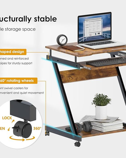 Need Rolling Computer Desk Mobile Desk Laptop Stand Desk with Sliding Keyboard for Home Office,23.6 Inches Rustic Brown DX-8110FG-ND - LeafyLoom