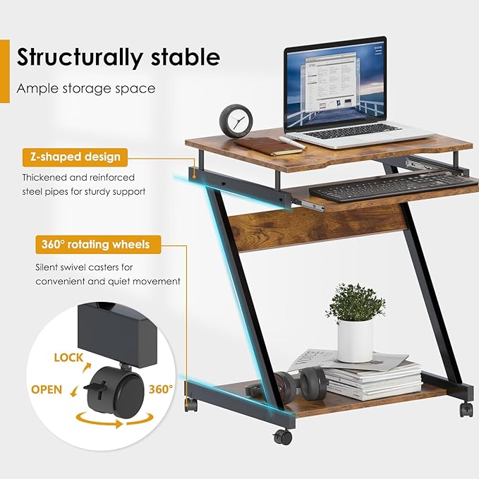 sogesfurniture Retro Computer Desk, Small Mobile Workstation with Keyboard Tray, Printer Shelf & Storage, 23.6x18.9x28.7 inches, Engineered Wood, for Home and Office - LeafyLoom