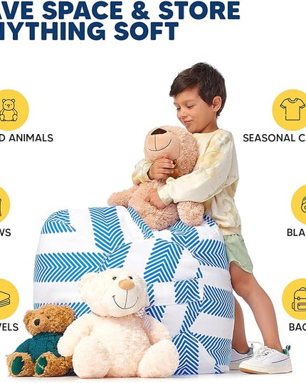 5 STARS UNITED Stuffed Animal Storage Bean Bag – Toy Storage Organizer and Bean Bag Chair for Kids Holds up to 90+ Plush Toys – Cotton Canvas Bags Cover for Boys and Girls Ages 4-11, Blue Stripes - LeafyLoom