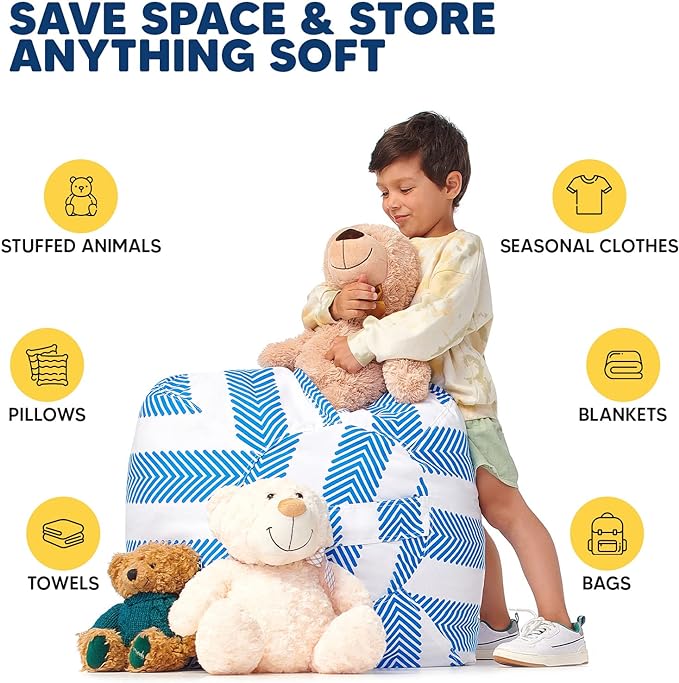 5 STARS UNITED Stuffed Animal Storage Bean Bag – Toy Storage Organizer and Bean Bag Chair for Kids Holds up to 90+ Plush Toys – Cotton Canvas Bags Cover for Boys and Girls Ages 4-11, Blue Stripes - LeafyLoom