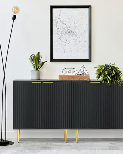 Black Fluted Buffet Cabinet,Wood Sideboard Buffet Cabinet with Adjustable Shelf, Fluted Accent Cabinet with Rose Gold Colored Metal Legs, Storage Cabinet for Living Room,Dining Room,Kitchen - LeafyLoom