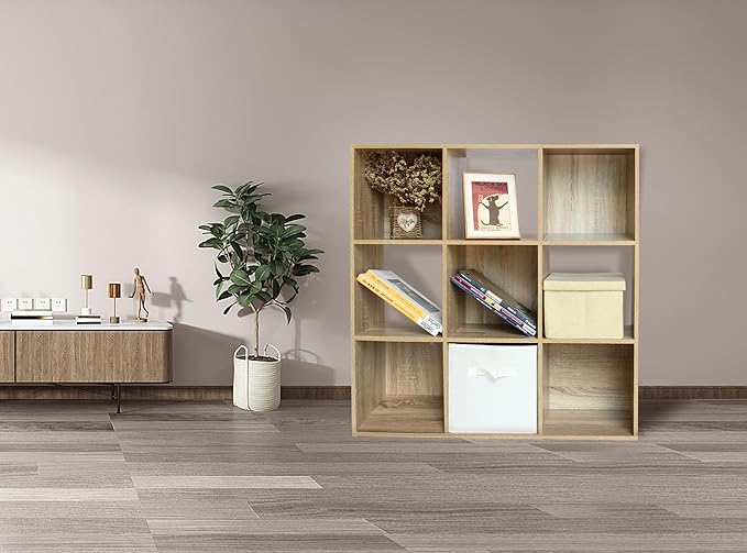 PACHIRA US 9 Cube Storage Bookcase, Unit Shelf, Wooden Closet Cabinet, Bookshelf File Organizer Rack in Living Room, Bedroom, Study, each cube 28.5 cm,Oak - LeafyLoom