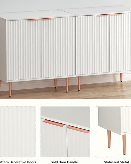 White Fluted Buffet Cabinet,Wood Sideboard Buffet Cabinet with Storage & Rose Gold Colored Metal Legs, Accent Cabinet for Living Room,Dining Room,Kitchen, Assemble Easily - LeafyLoom