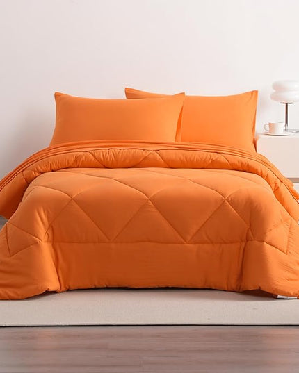 NTBAY Twin Comforter Set with Sheets, 5 Pieces Soft and Breathable Twin Bedding Set, Twin Bed in a Bag, Down Alternative Comforter Set Solid Color All Season, Kids Bedding Set, Orange - LeafyLoom