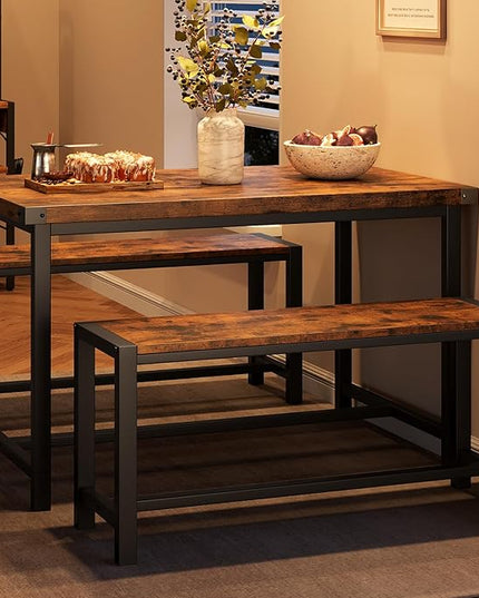 Kitchen Table with Benches, Dining Table Set for 4, Rectangular Dining Room Table Set with 2 Sturdy Benches, 3 Piece Kitchen Table Set for Small Space, Apartment, Studio, Retro Brown - LeafyLoom