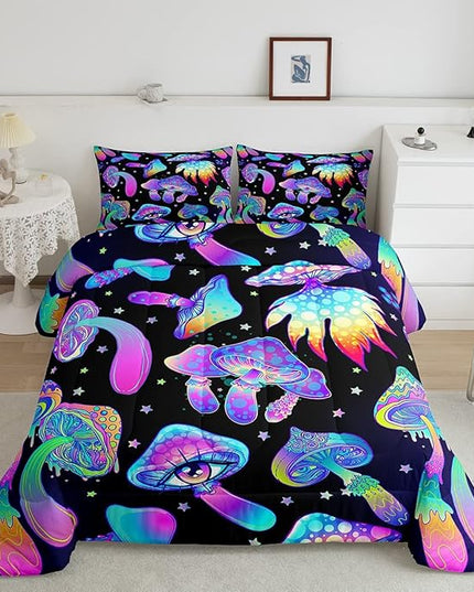 Mushroom Comforter Set Queen,Kawaii Trippy Botanical Bedding Set Psychedelic Plant Down Comforter For Kids Girls Teens Women Cartoon Cute Mushroom Room Decor Quilt Duvet Set With 2 Pillow Cases Black - LeafyLoom