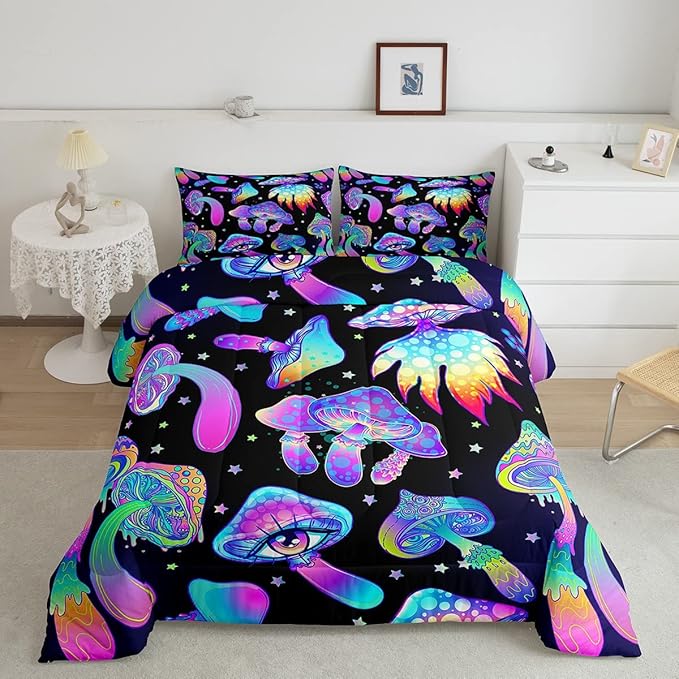 Mushroom Comforter Set Queen,Kawaii Trippy Botanical Bedding Set Psychedelic Plant Down Comforter For Kids Girls Teens Women Cartoon Cute Mushroom Room Decor Quilt Duvet Set With 2 Pillow Cases Black - LeafyLoom