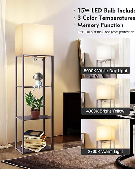 RUNTOP Plus - Floor Lamp with Shelves, Wide Shelf Lamp, Shelf Floor Lamp with 15W LED Bulb, 3 Colors Temperature, Memory Function, Large Display Storage, Standing Lamps for Living Room, Bedroom, Wood - LeafyLoom