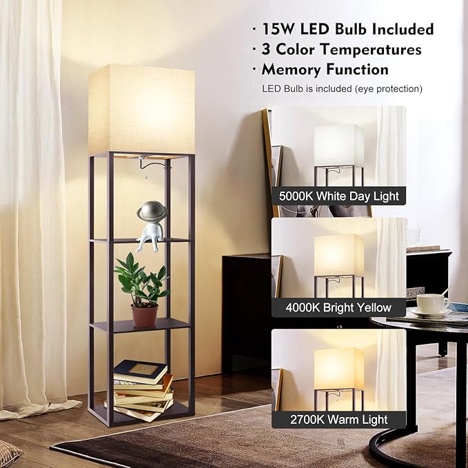 RUNTOP Plus - Floor Lamp with Shelves, Wide Shelf Lamp, Shelf Floor Lamp with 15W LED Bulb, 3 Colors Temperature, Memory Function, Large Display Storage, Standing Lamps for Living Room, Bedroom, Wood - LeafyLoom