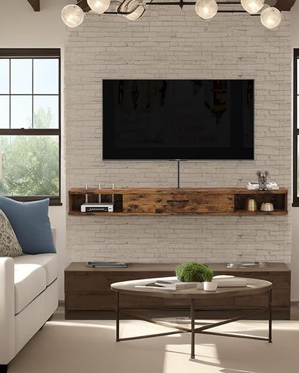 Floating TV Unit, 47'' Wall Mounted TV Cabinet, Floating Shelves with Door, Modern Entertainment Media Console Center Large Storage TV Bench for Living Room & Office (47.24IN, Rustic Brown) - LeafyLoom