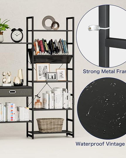NUMENN Triple Wide 5 Tier Bookshelf, Adjustable Rustic Industrial Style Book Shelves, Modern Bookcases and Bookshelves Furniture for Bedroom, Living Room and Home Office, Elegant Black - LeafyLoom