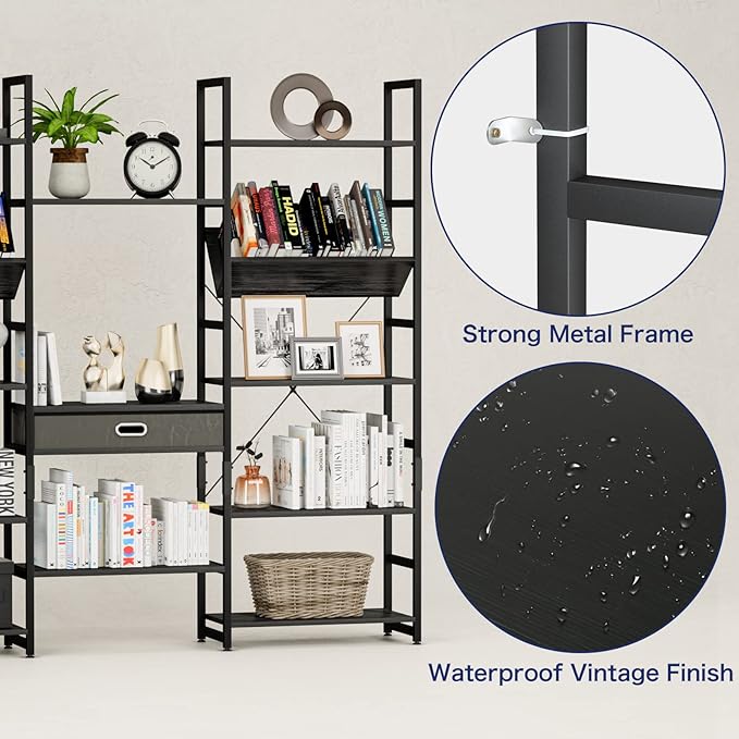 NUMENN Triple Wide 5 Tier Bookshelf, Adjustable Rustic Industrial Style Book Shelves, Modern Bookcases and Bookshelves Furniture for Bedroom, Living Room and Home Office, Elegant Black - LeafyLoom