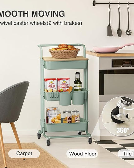 DTK 3 Tier Utility Rolling Cart with Cover Board, Rolling Storage Cart, H&le & Locking Wheels Kitchen Cart with 2 Small Baskets & 4 Hooks for Bathroom Office Balcony Living Room(Turquoise)Large - LeafyLoom