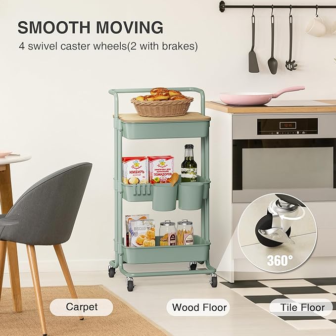 DTK 3 Tier Utility Rolling Cart with Cover Board, Rolling Storage Cart, H&le & Locking Wheels Kitchen Cart with 2 Small Baskets & 4 Hooks for Bathroom Office Balcony Living Room(Turquoise)Large - LeafyLoom