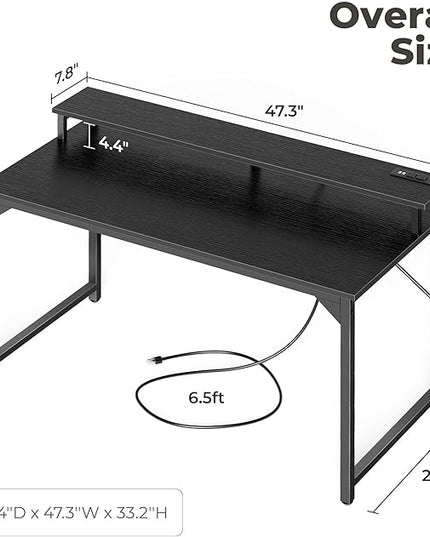SUPERJARE 47 inch Computer Desk with LED Lights & Power Outlets, Home Office Desk with Monitor Shelf, Small Desk for Home & Office, Black - LeafyLoom