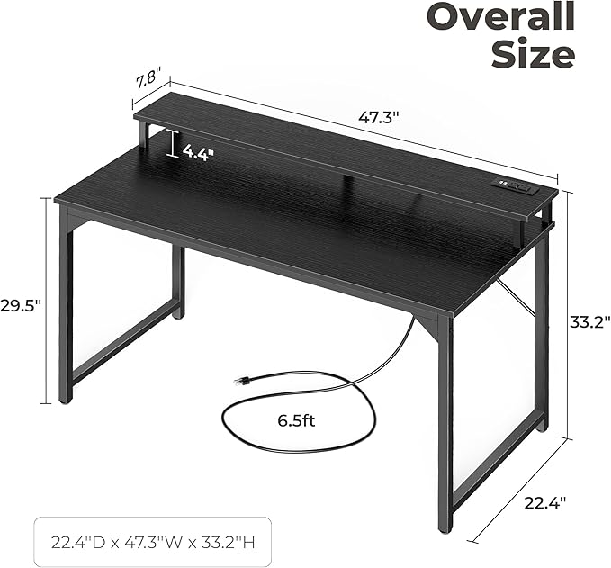 SUPERJARE 47 inch Computer Desk with LED Lights & Power Outlets, Home Office Desk with Monitor Shelf, Small Desk for Home & Office, Black - LeafyLoom
