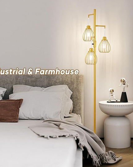 Dimmable Industrial Floor Lamp, Farmhouse Floor Lamps with 3 Elegant Teardrop Cages, Gold Rustic Floor Lamps Tall Retro Pole Lamp for Farmhouse Living Room Bedroom Office, LED Bulbs Included - LeafyLoom
