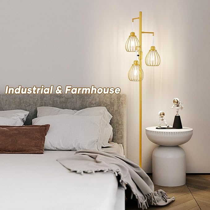 Dimmable Industrial Floor Lamp, Farmhouse Floor Lamps with 3 Elegant Teardrop Cages, Gold Rustic Floor Lamps Tall Retro Pole Lamp for Farmhouse Living Room Bedroom Office, LED Bulbs Included - LeafyLoom