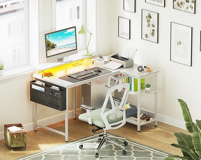 ODK 40 Inch Gaming Desk with USB Charging Ports and LED Lights, Reversible L Shaped Computer Desk with Storage Shelves & Monitor Stand, Corner Home Office Desk Table with Power Outlets, White - LeafyLoom