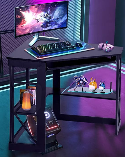 VECELO Corner Computer Desk Writing Smooth Keyboard Tray & Storage Shelves,Compact Home Office Triangle Table, Black - LeafyLoom