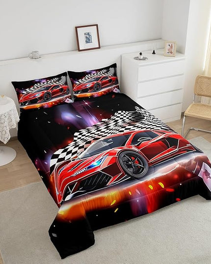 Feelyou Speed Sports Car Comforter Set Queen Size Extreme Sports Bedding Set for Kids Boys Girls Decor Red Comforter Microfiber Checkerboard Quilt Set Bedroom Bedclothes… - LeafyLoom