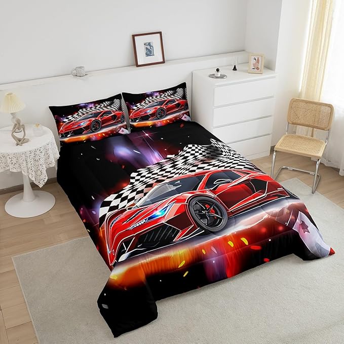 Feelyou Speed Sports Car Comforter Set Queen Size Extreme Sports Bedding Set for Kids Boys Girls Decor Red Comforter Microfiber Checkerboard Quilt Set Bedroom Bedclothes… - LeafyLoom