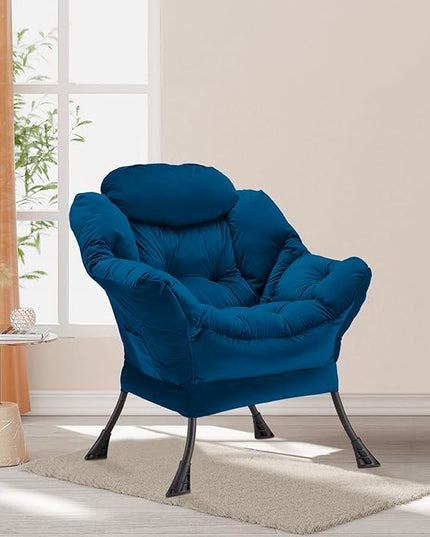 Lazy Chair Thick Padded, Accent Chair Velvet Upholstered with Wide Seat, Stable Metal Frame and Non-Slip Pad, Modern Sofa Armchair with Side Storage Bag for Dorm, Room, Office, Blue - LeafyLoom