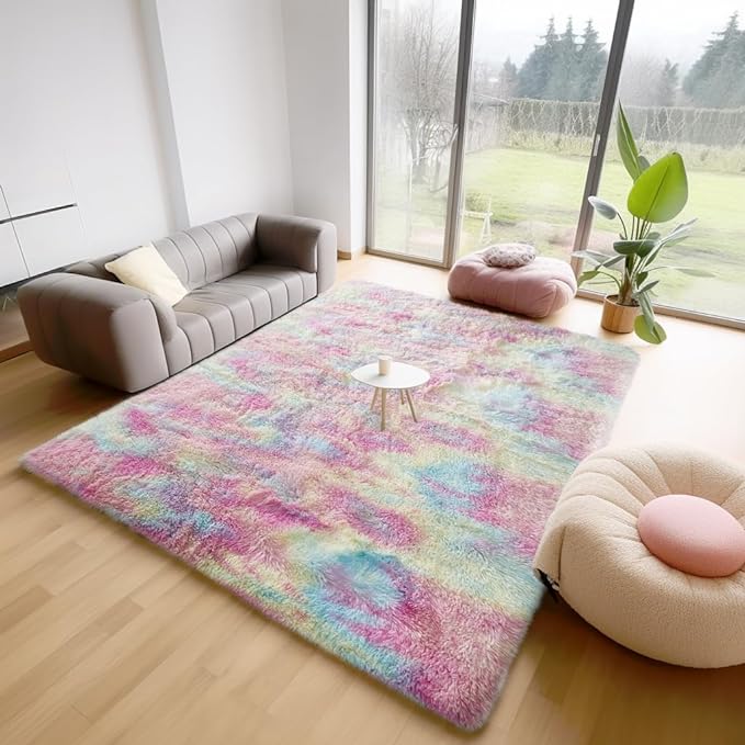 Ophanie Machine Washable 5 x 8 Rugs for Living Room,Rainbow,Large Fluffy Fuzzy Plush Shag Comfy Soft, Non-Slip Indoor Floor Carpet, Kids Boys Girls Dorm,Bedroom,Playroom, Nursery Home Decor Aesthetic - LeafyLoom