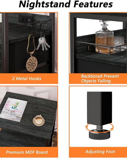 Furologee Nightstand Set of 2, Black Oak, with Charging Station and USB Ports, Side Tables with 2 Fabric Drawers, Bedside Tables with Storage Shelf & Hooks, for Living Room/Bedroom - LeafyLoom
