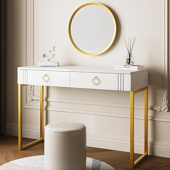 White Desk with Drawers,Modern Laptop Table with gold metal legs,43 inch Makeup Vanity Small Desk with Storage, Stylish & Functional Computer Desk Work Stations for Home Office - LeafyLoom