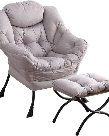 Lazy Chair with Ottoman, Modern Chair with Folding Footrest, Lounge Accent Chair, Comfortable Reading Chair, Oversized Armchairs for Bedroom, Study, Living Room, Courtyard (Light Grey) - LeafyLoom