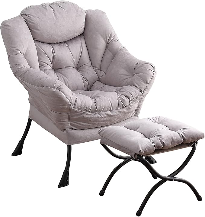 Lazy Chair with Ottoman, Modern Chair with Folding Footrest, Lounge Accent Chair, Comfortable Reading Chair, Oversized Armchairs for Bedroom, Study, Living Room, Courtyard (Light Grey) - LeafyLoom