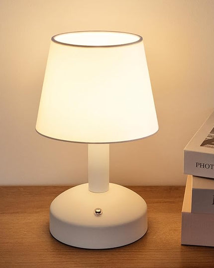 KDG Modern Cordless Small Table Lamp, Portable LED Fabric Shade Desk Lamps, 5000mAh Rechargeable Battery Operated Lighting for Bedroom, Bedside, Bar, Living Room, Dining Room, Night Light(White) - LeafyLoom