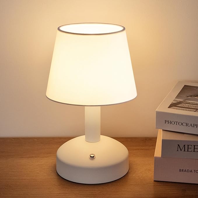 KDG Modern Cordless Small Table Lamp, Portable LED Fabric Shade Desk Lamps, 5000mAh Rechargeable Battery Operated Lighting for Bedroom, Bedside, Bar, Living Room, Dining Room, Night Light(White) - LeafyLoom