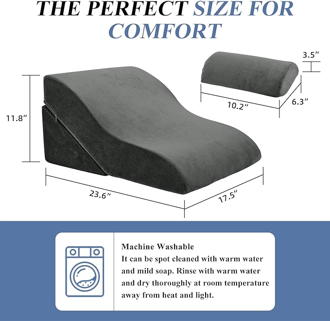 Axelrod Bed Wedge Pillow Set Foam | Adjustable Pillows for Back, Leg and Knee Pain Relief | Post Surgery Ortho Pillow – Anti Snoring, Heartburn, Acid Reflux & GERD- Dark Grey - LeafyLoom