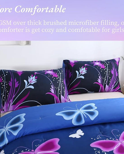 WINLIFE Butterfly Comforter Set Queen Size, 3Pcs Pink Purple Blue Black Animals Butterflies Floral Bedding Set for Girls Women, Soft Bed Set All Season Lightweight Down Alternative - LeafyLoom