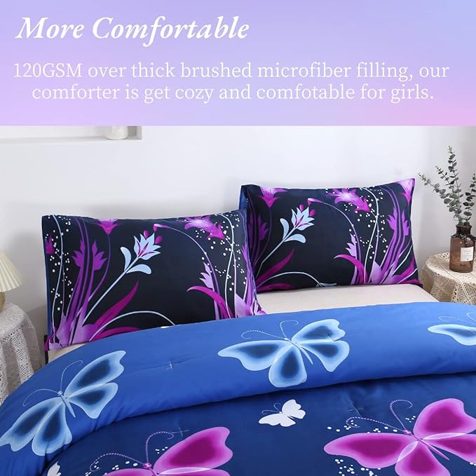 WINLIFE Butterfly Comforter Set Queen Size, 3Pcs Pink Purple Blue Black Animals Butterflies Floral Bedding Set for Girls Women, Soft Bed Set All Season Lightweight Down Alternative - LeafyLoom