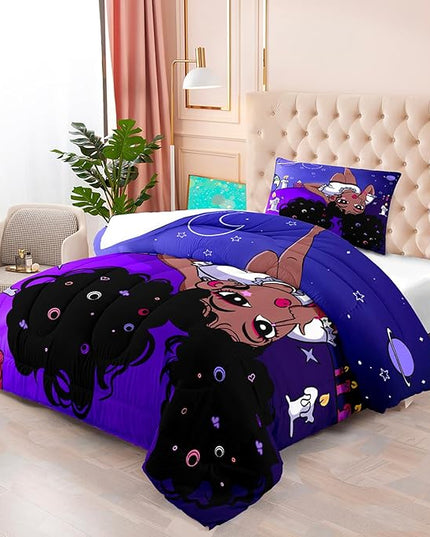 African American Comforter Sets for Girls, Black Girls Comforter Set Twin, Girls Bedroom Decor, Purple Black Girls Bedding Set Kids Comforter Sets with 1 Comforter +1 Pillowcase - LeafyLoom