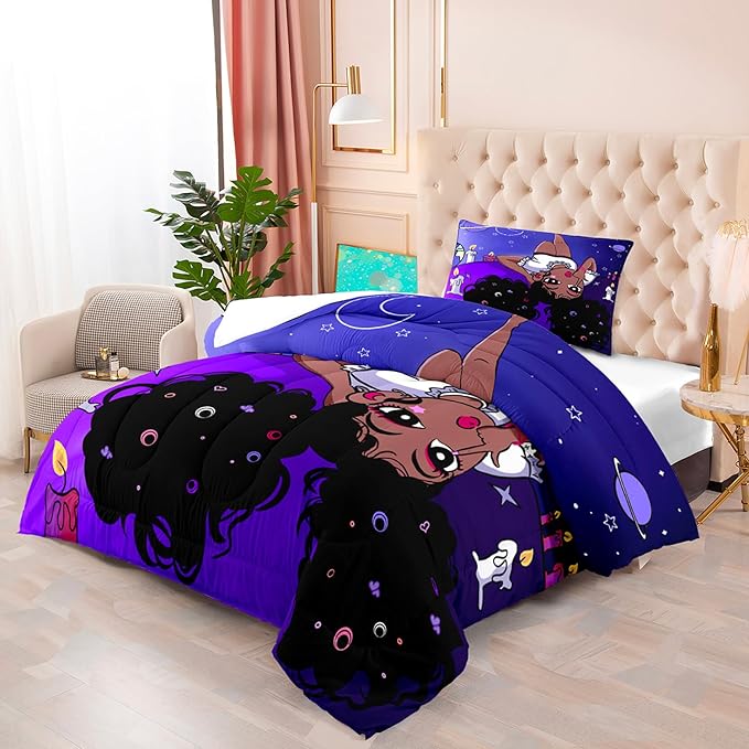 African American Comforter Sets for Girls, Black Girls Comforter Set Twin, Girls Bedroom Decor, Purple Black Girls Bedding Set Kids Comforter Sets with 1 Comforter +1 Pillowcase - LeafyLoom
